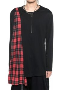 40/2 Cotton Jersey Tartan Check Layered Asymmetry Drape T-shirt