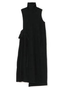 WOOL COTTON KNIT + POLYESTER de CHINE PLEATS COMBI SLEEVELESS DRESS