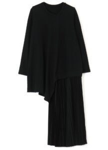 WOOL COTTON KNIT + POLYESTER de CHINE PLEATS COMBI LONG SLEEVE