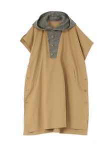 ORGANIC SLUB SERGE+LINEN WOOL TWILL HOODED PONCHO DRESS